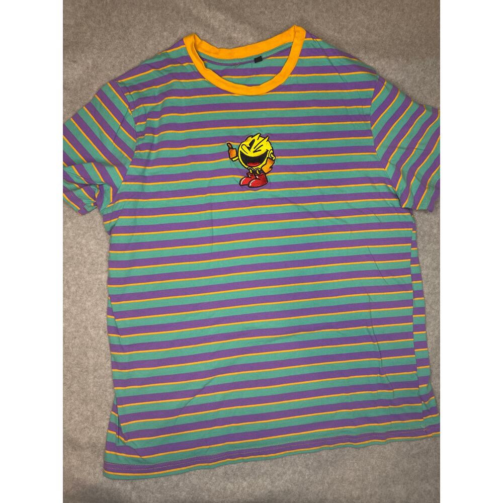 Retro Pac-Man Striped Ringer T-Shirt Teal Purple Yellow Men’s Large EUC